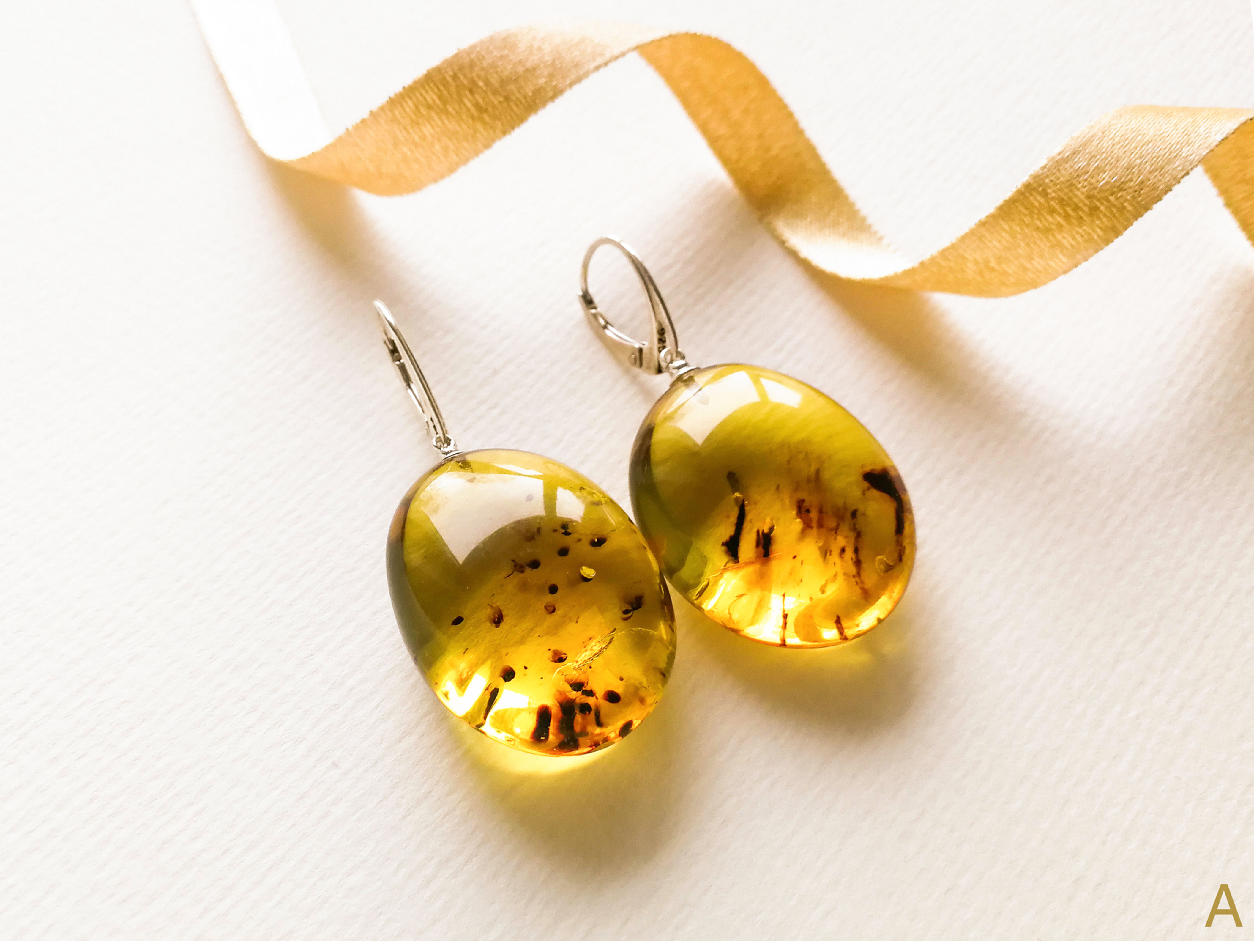 Natural Colombian light copal green color large oval shape earrings