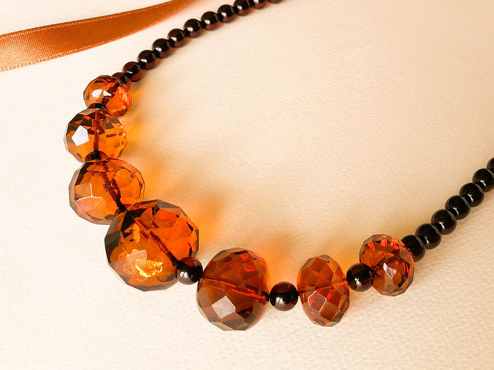 Thumbnail: Faceted dark cognac and round cherry amber beads necklace