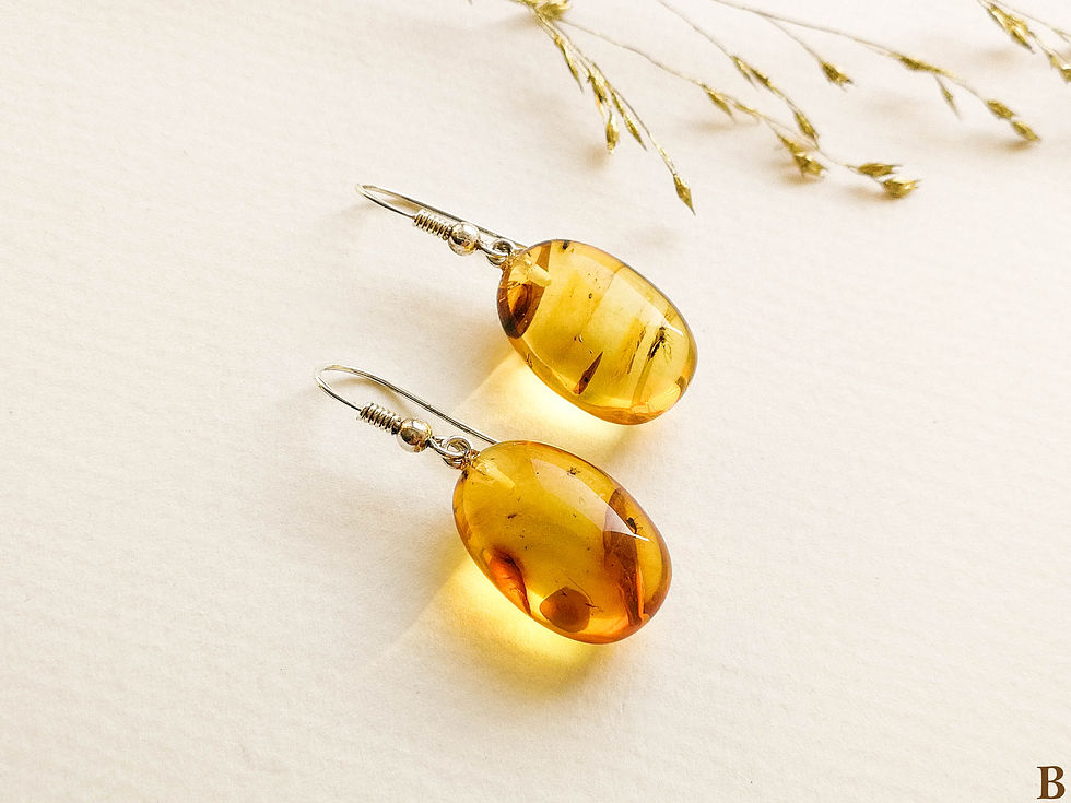 Thumbnail: Very small oval shape natural amber lemon color earrings with insects