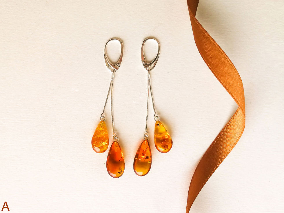 Thumbnail: Cognac color natural amber two drops earrings with silver