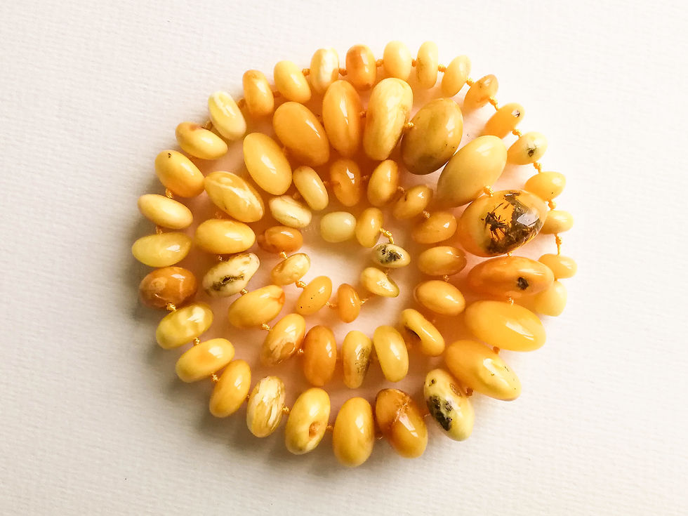 Thumbnail: Matt yellow color with greenish details natural amber nuggets necklace