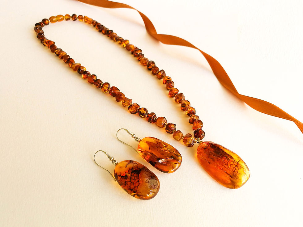Bright cognac color genuine amber necklace with pendant and earrings jewelry set
