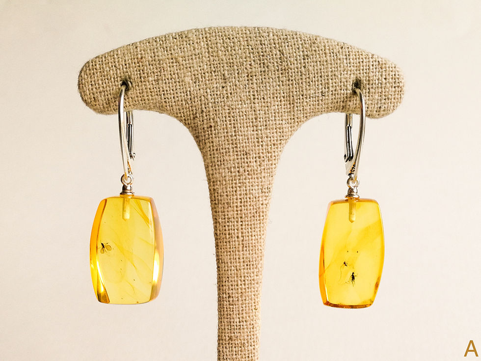 Thumbnail: Natural amber rectangle shape lemon color earrings with insects