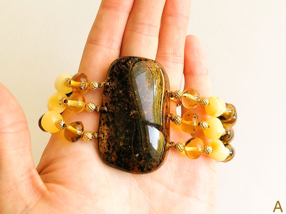 Thumbnail: Dark green and cognac beads natural amber bracelet with center stone