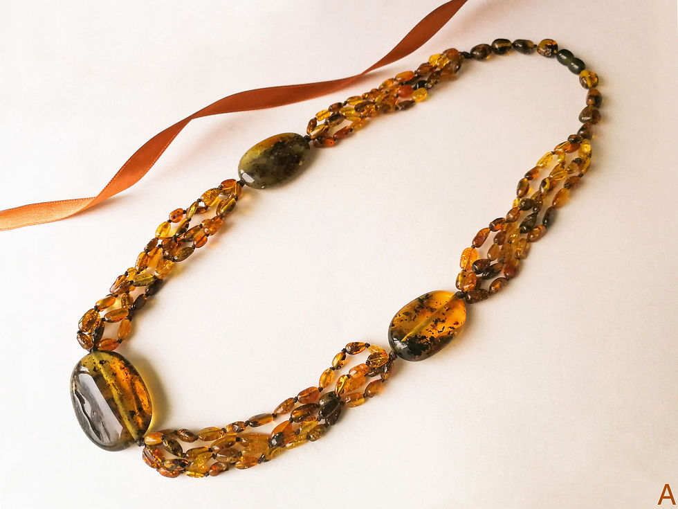 Thumbnail: Mix cognac and mix green colors amber necklace with three stones