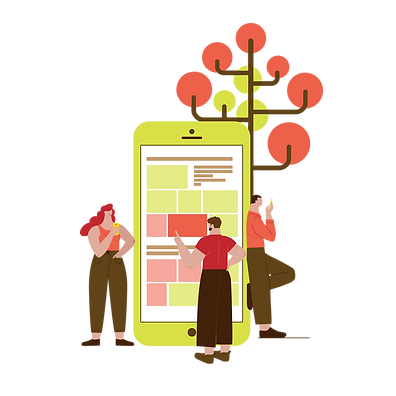 Ilustração de personagens navegando no site do Instituto Domlexia