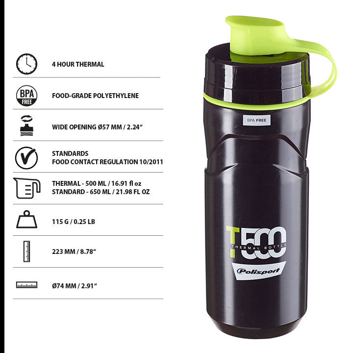 Polisport T500 Thermal Insulated Cycling Water Bottle Black Lime Green