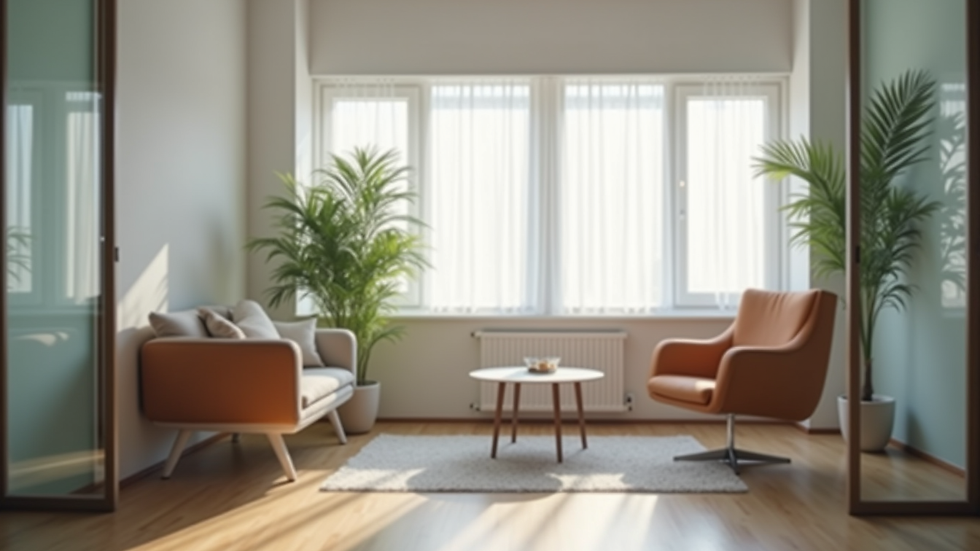 Eye-level view of a calm consultation room with a desk and chairs