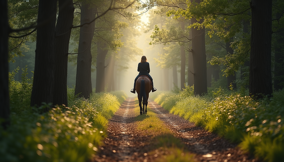 Vue rapprochée d’un cheval au pré avec un cavalier en tenue de sophrologie