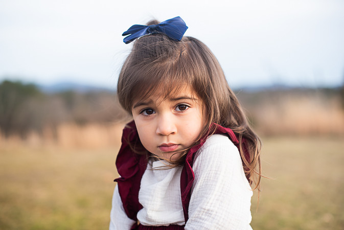 Family photography, lexington VA, Boxerwood nature center, family mini session, winter, outdoors, daughter, 3 years old, portrait, close up, shy