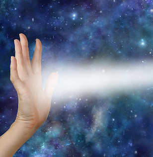 Beaming pranic scalar reiki healing energy from palm chakra - female open hand with beam o