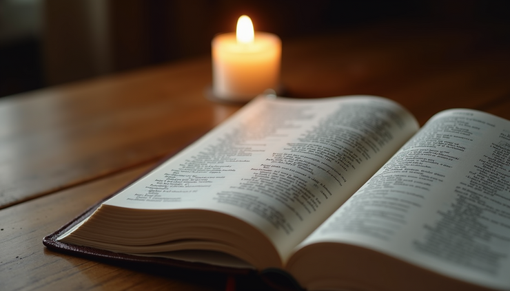 Eye-level view of an open Bible with a highlighted verse and a single candle nearby