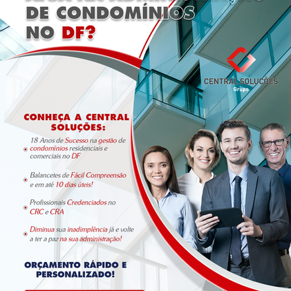 Design de post para empresa de administração de condomínios com equipe profissional e prédio ao fundo, por Borges Visual.