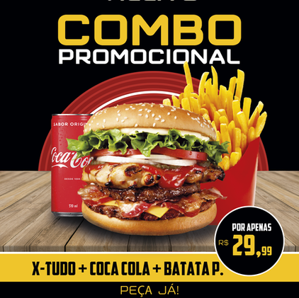 Panfleto promocional de combo com hambúrguer, batata frita e refrigerante sobre mesa de madeira, por Borges Visual.