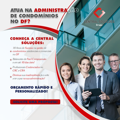 Design de post para empresa de administração de condomínios com equipe profissional e prédio ao fundo, por Borges Visual.