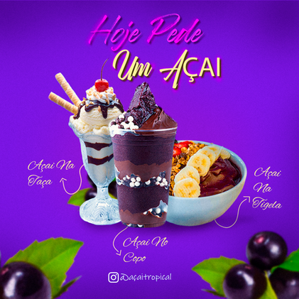 Design de post para açaí com fundo roxo e frutas, por Borges Visual.