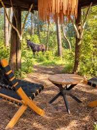 Espace détente de la cabane L’O2 avec fauteuils en bois et vue sur la forêt des Landes Girondines
