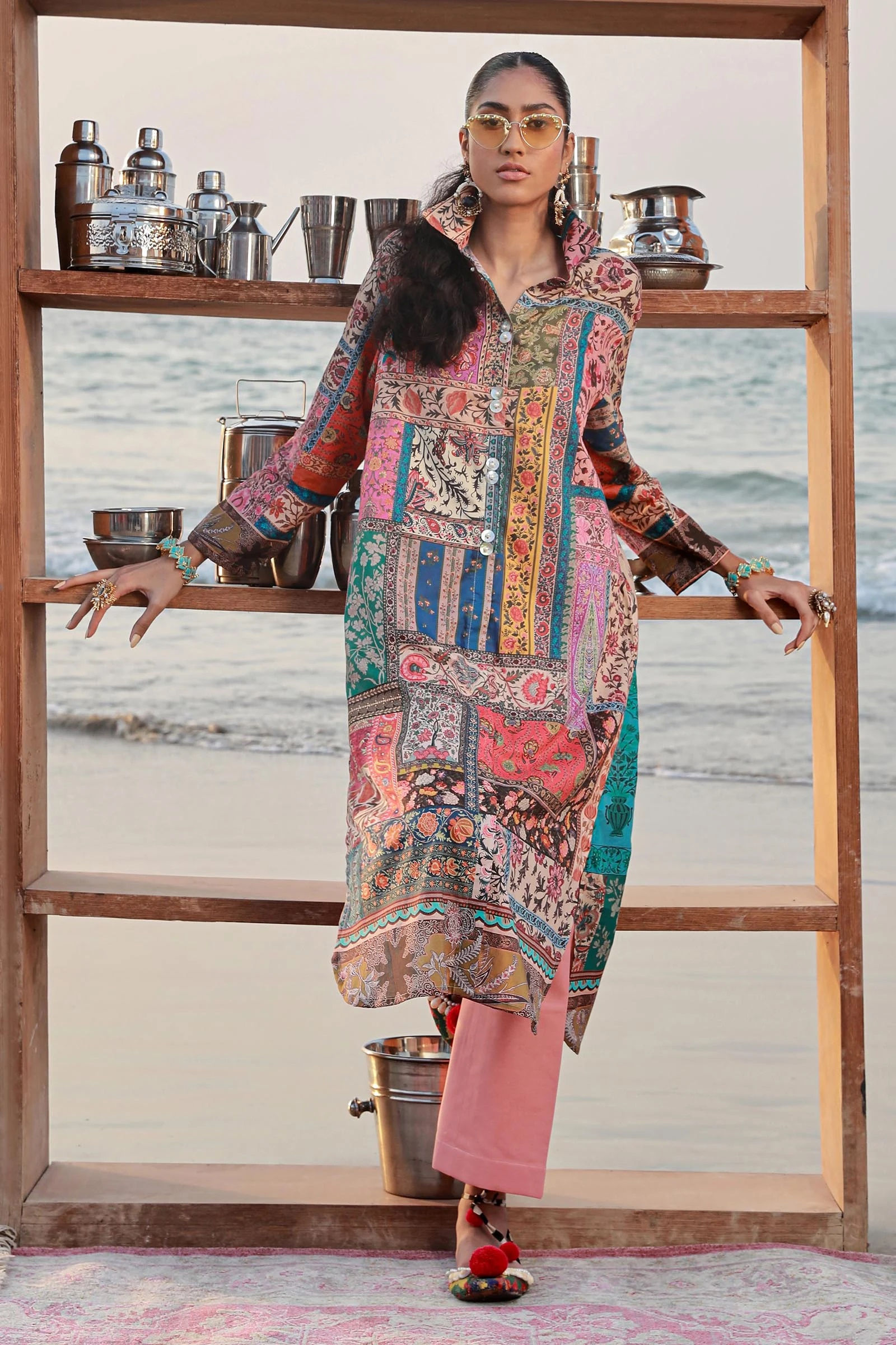 Boho patchwork style 2-pc printed lawn suit | Pink pants