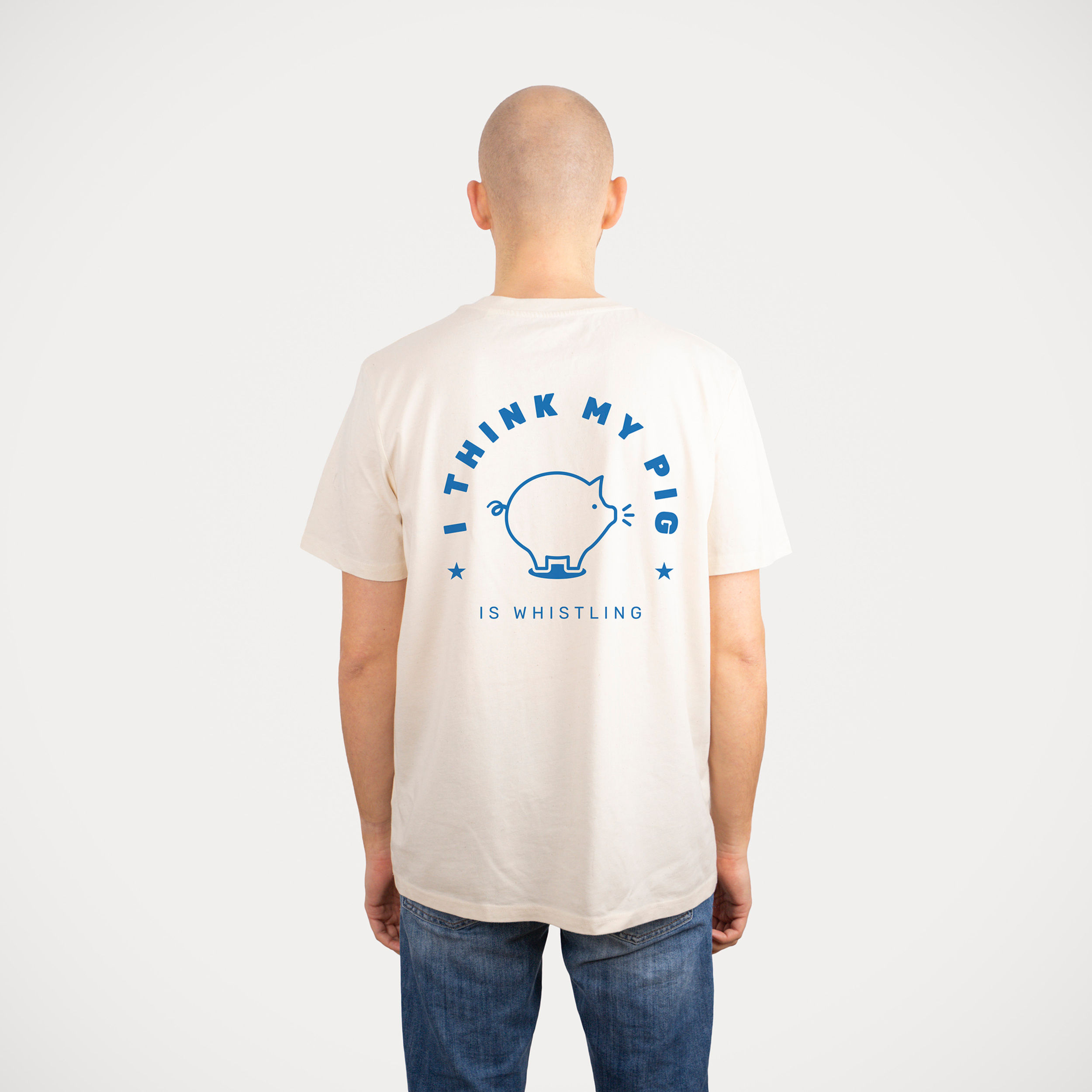 helles Bio-Baumwolle T-Shirt "Denglisch - Pig is whistling" Motiv Rückseite