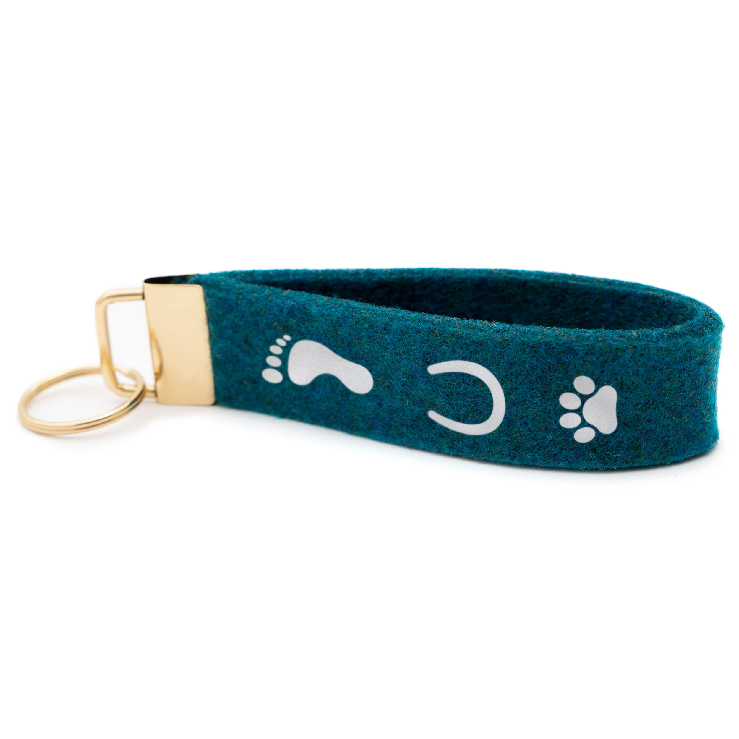 Vorderseite Schluesselanhaenger mit "Hund Mensch Pferd" Motiv, Farbe Petrol, Beschlag Gold