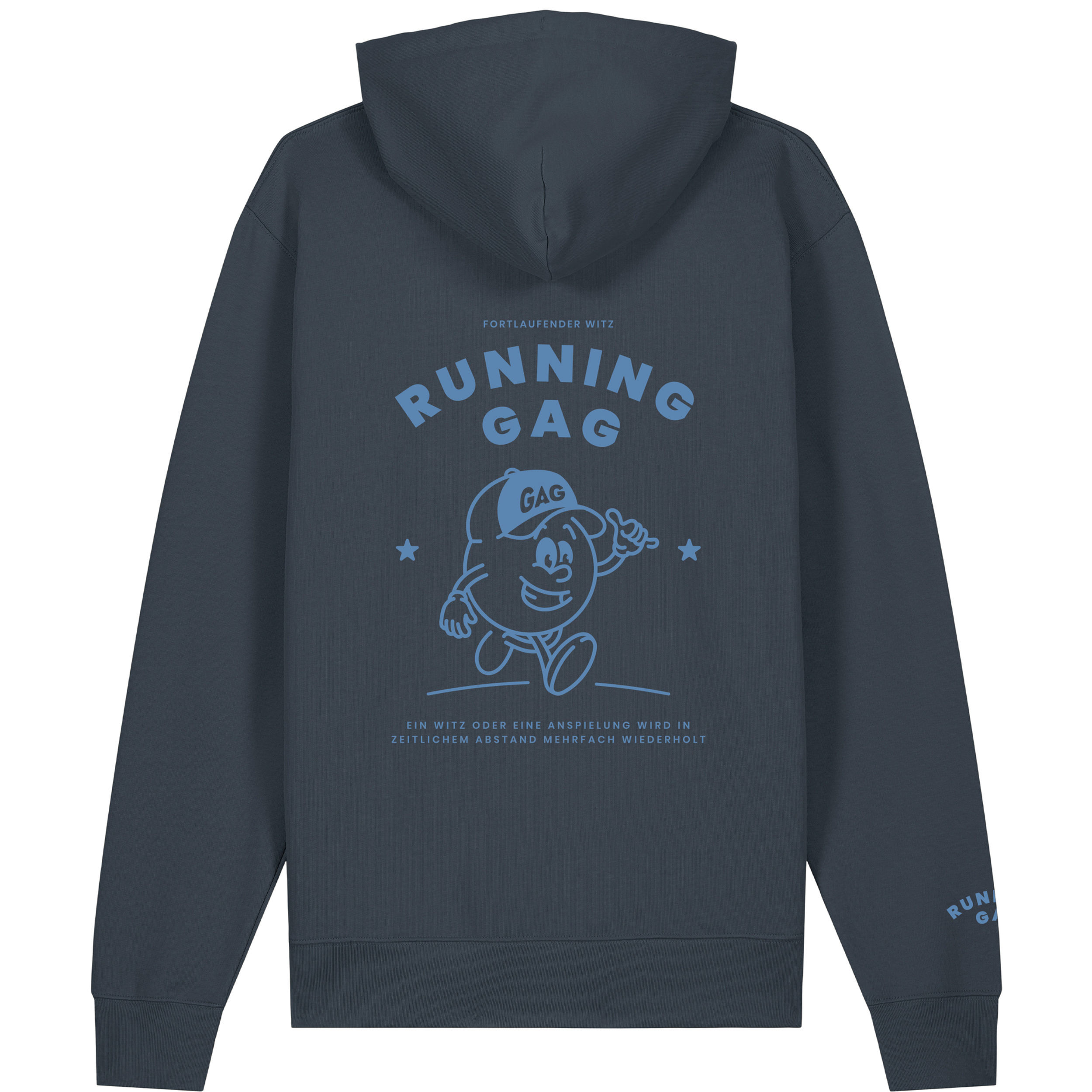 grauer Bio-Baumwolle Hoodie "Running Gag" Motiv Rückseite