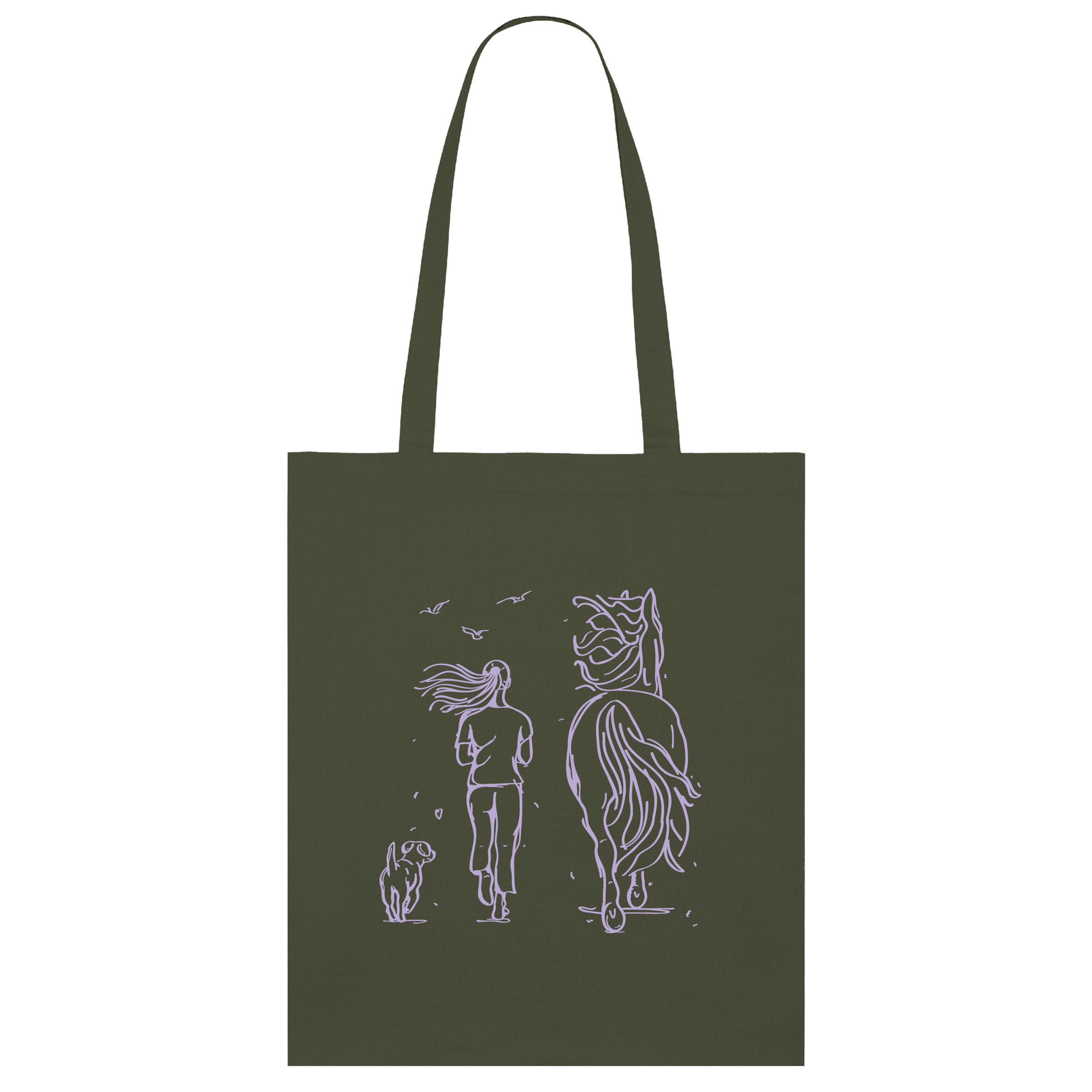 Vorderseite Tasche mit "Hund Mensch Pferd" Motiv, Farbe Khaki, Aufdruck Lavendel