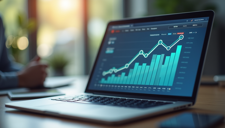 Eye-level view of a laptop screen showing website analytics and ranking data