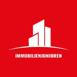 Immobilienjunioren Logo: Weißes Gebäude-Symbol auf rotem Hintergrund