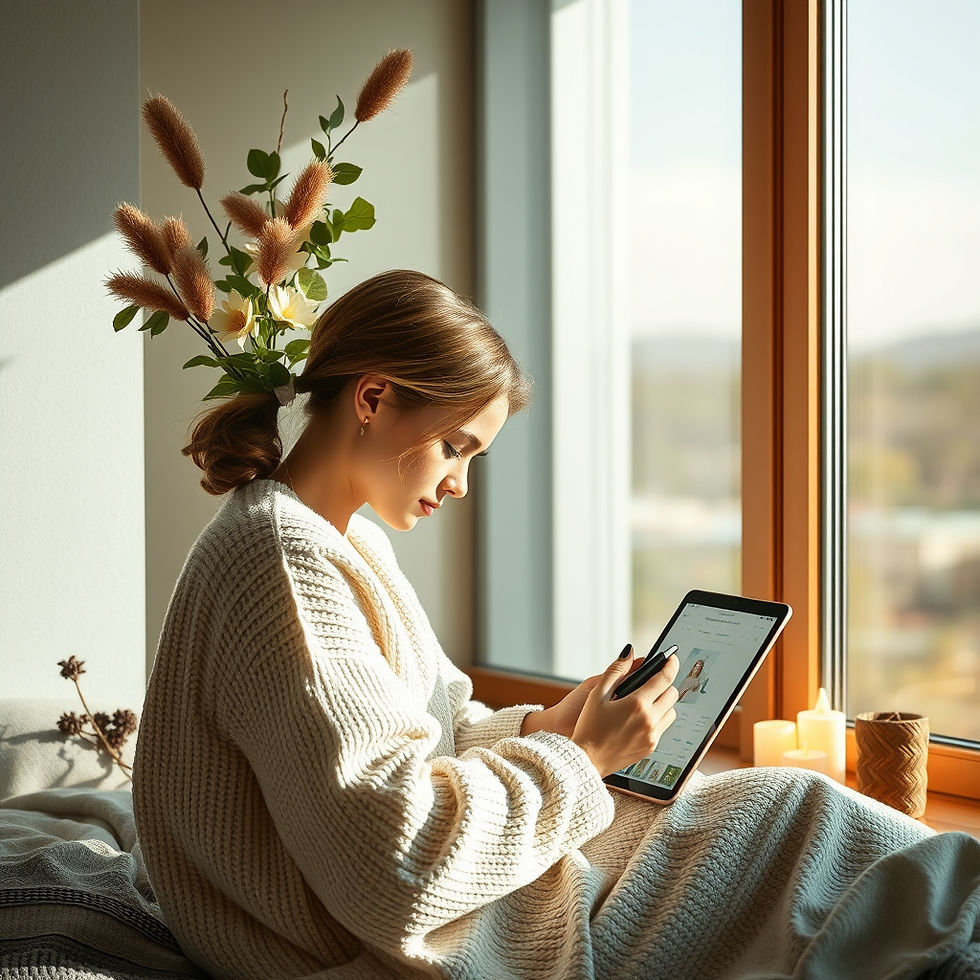 Woman in white sweater using tablet by sunny window, with candles and plants nearby. Cozy and relaxed atmosphere.