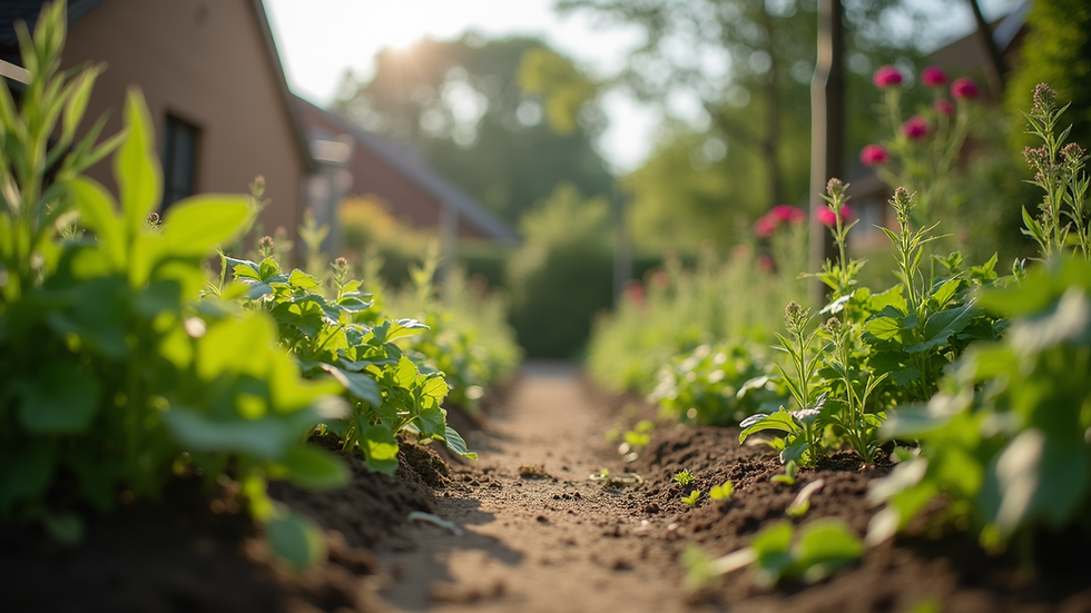 Eye-level view of a community garden flourishing with diverse plants
