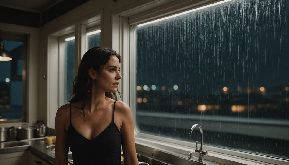 Woman in a black dress gazes out a kitchen window on a rainy night. City lights glow in the background, creating a contemplative mood.