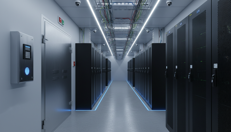 Wide-angle view of a secure server corridor with locked cabinets and cool blue lighting