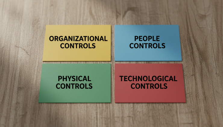 Close-up of colored index cards labeled with security control categories on a wooden table