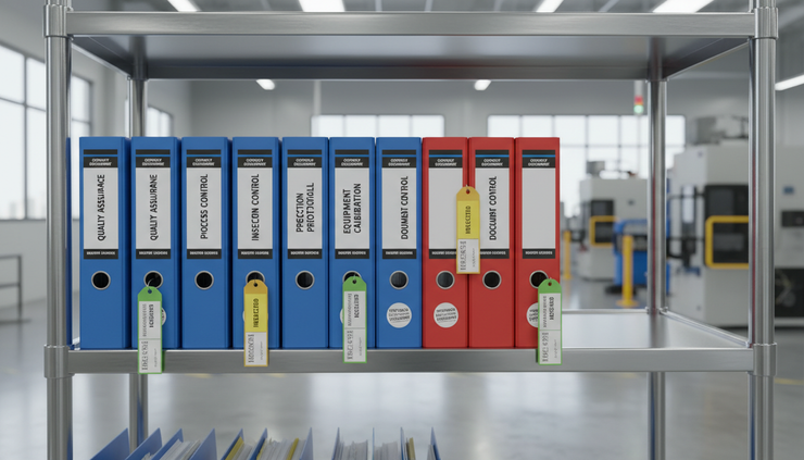 Wide-angle view of labeled quality binders on a metal shelf in a clean manufacturing area