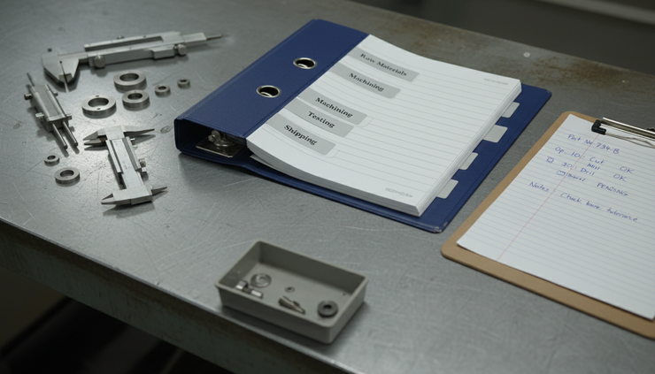 Close-up of a labeled quality binder beside inspection gauges.