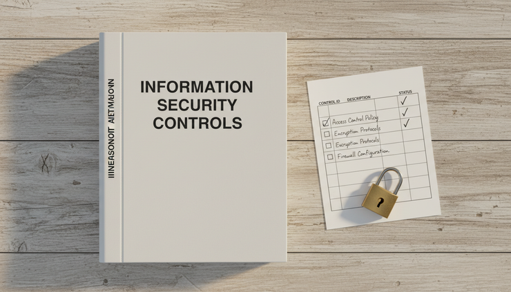 Top-down view of a binder labeled information security controls beside a small lock and paper checklist