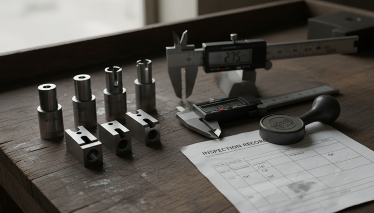 Close-up view of labeled sample parts beside inspection gauges