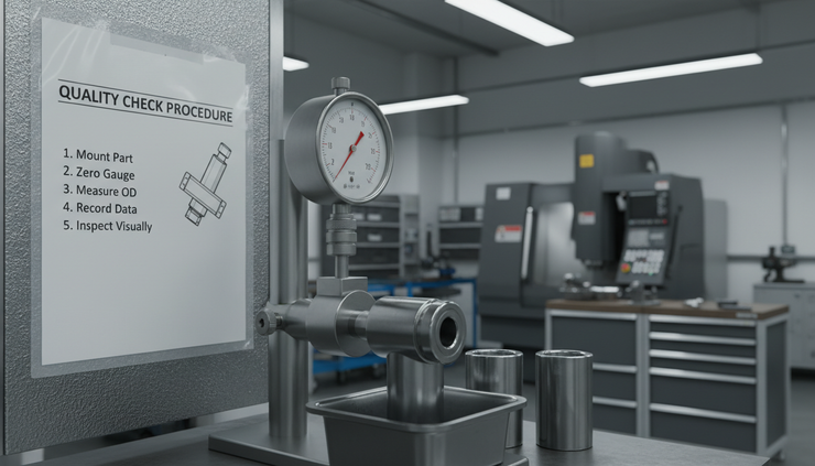 Eye-level view of a laminated work instruction posted beside an industrial measuring gauge