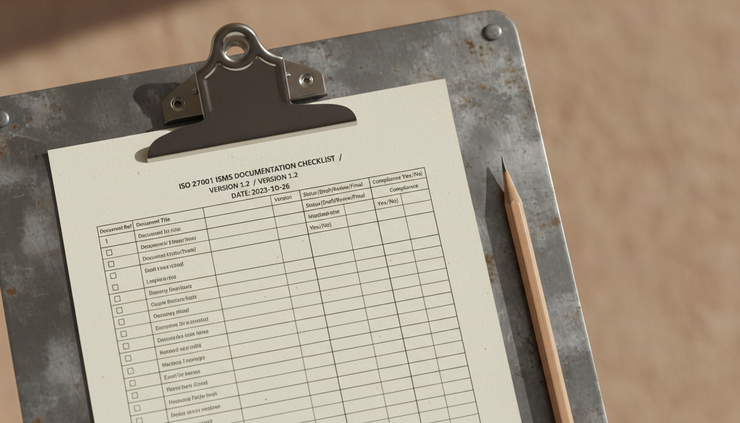 Overhead view of a version-controlled document checklist clipped to a metal board