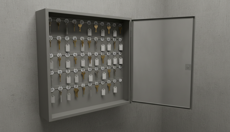 Eye-level view of a steel key cabinet with numbered hooks and a few missing keys