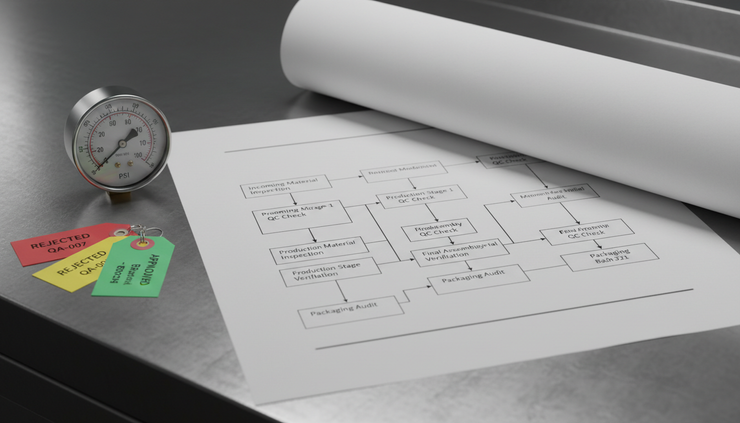 Close-up view of a quality process map printed on paper beside colored inspection tags