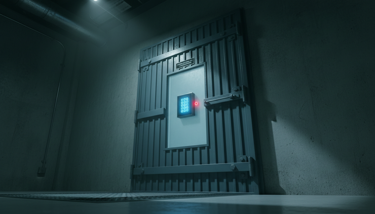 Low-angle view of a locked industrial door with an access control keypad glowing softly