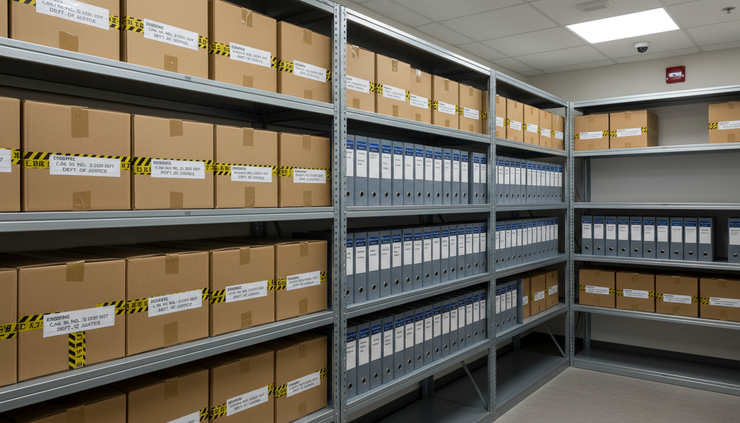 Eye-level view of sealed evidence boxes and labeled binders on a metal storage shelf