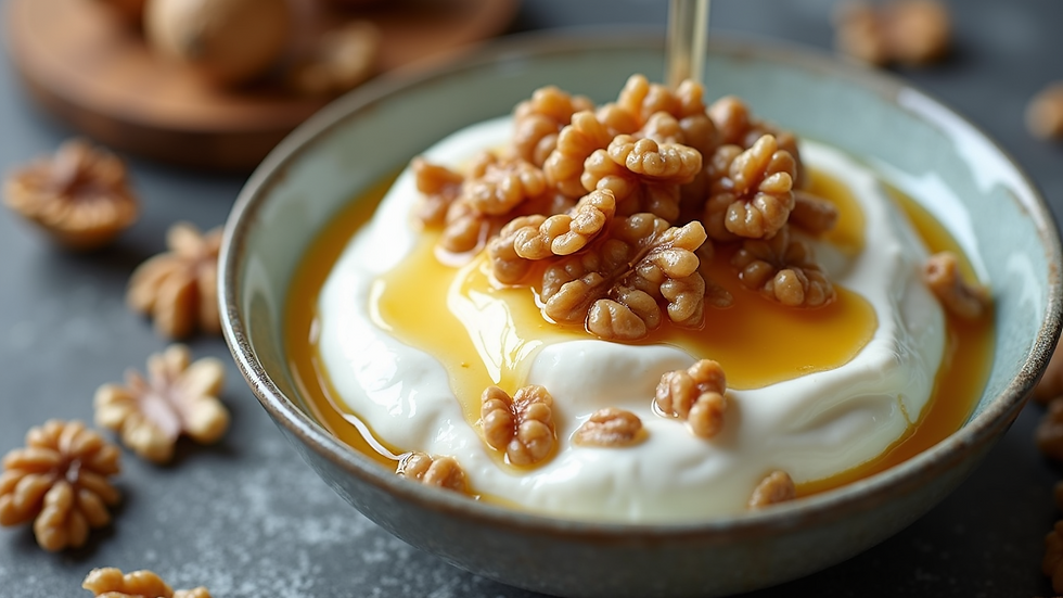 High angle view of Greek yogurt topped with honey and walnuts