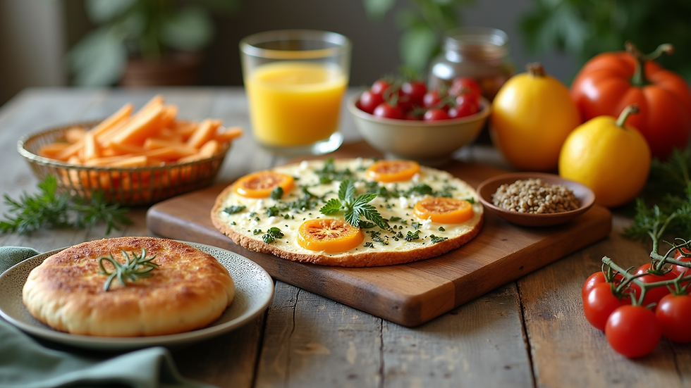 Eye-level view of a Greek breakfast spread with fresh ingredients