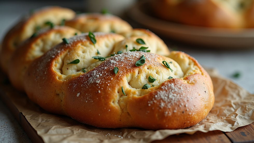 Close-up view of traditional Greek bread with herbs