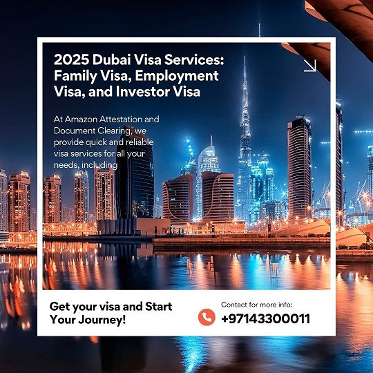 Dubai skyline at night with tall lit buildings. Text: "2025 Dubai Visa Services." Contact info: +97143300011. Vibrant and inviting.