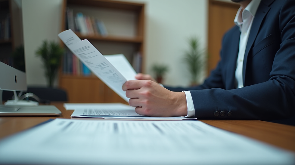 Eye-level view of a lawyer reviewing business documents in an office