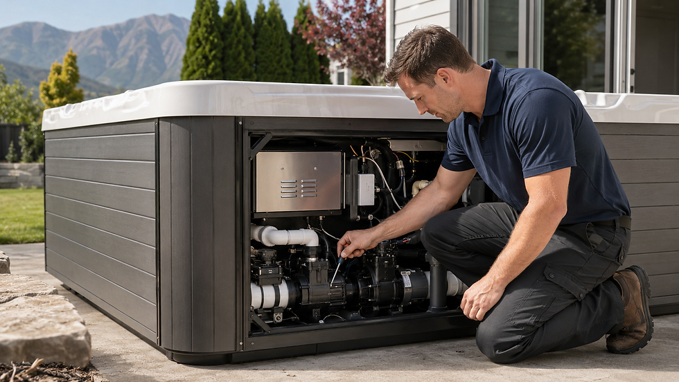 Hot tub technician diagnosing spa equipment during a service call