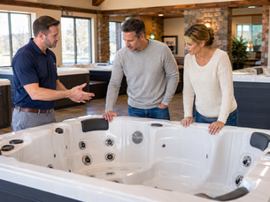 Customers comparing hot tubs with a local spa specialist at a Utah showroom